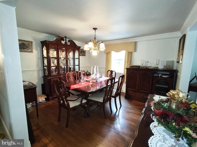 dining space with a chandelier, dark wood-type flooring, and crown molding