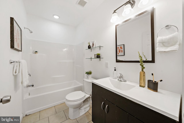 full bathroom featuring tile patterned flooring,  shower combination, vanity, and toilet