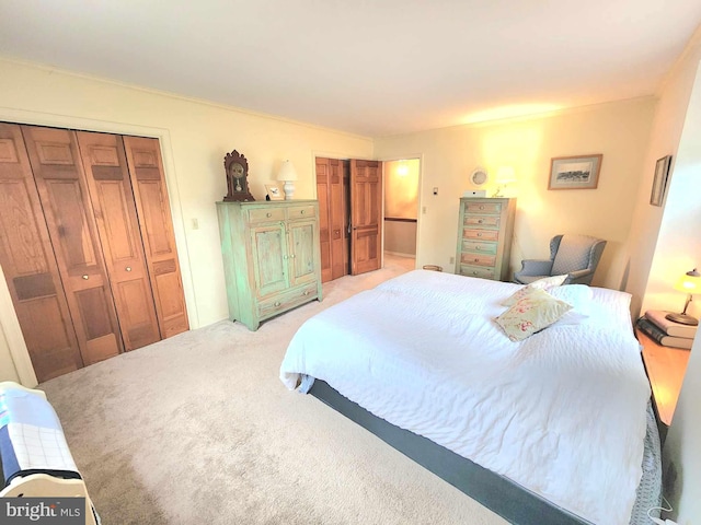 bedroom featuring light colored carpet