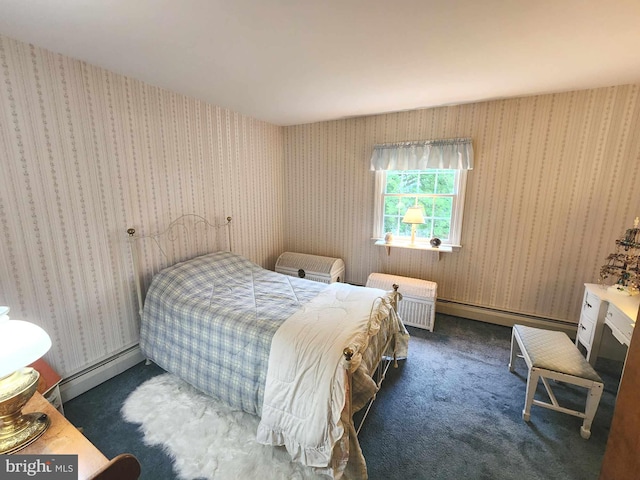 bedroom featuring dark colored carpet and a baseboard radiator