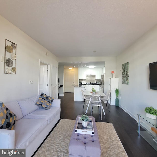 living room featuring dark wood-type flooring