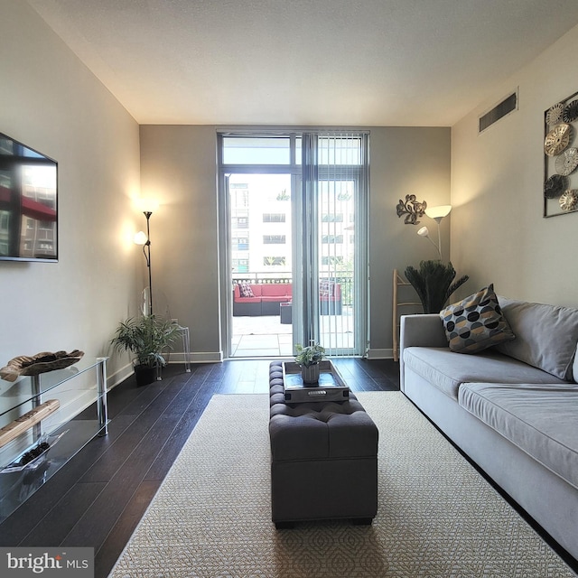 living room with dark hardwood / wood-style floors