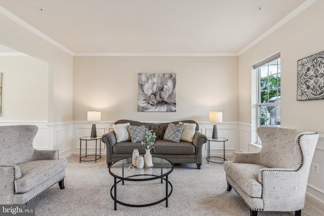 living room featuring crown molding and light colored carpet