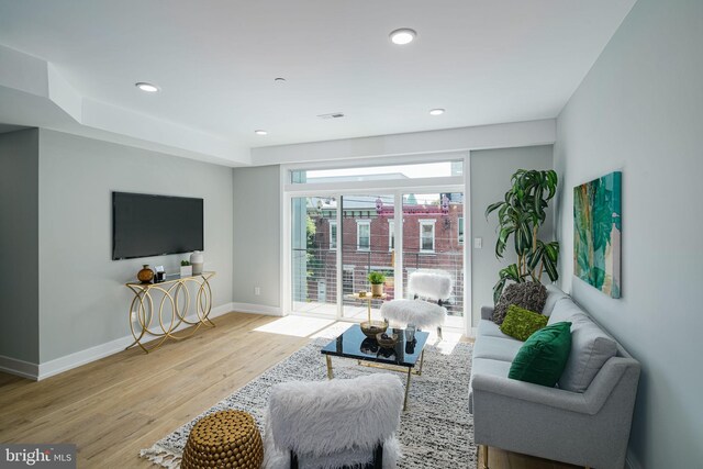 living room with light hardwood / wood-style flooring