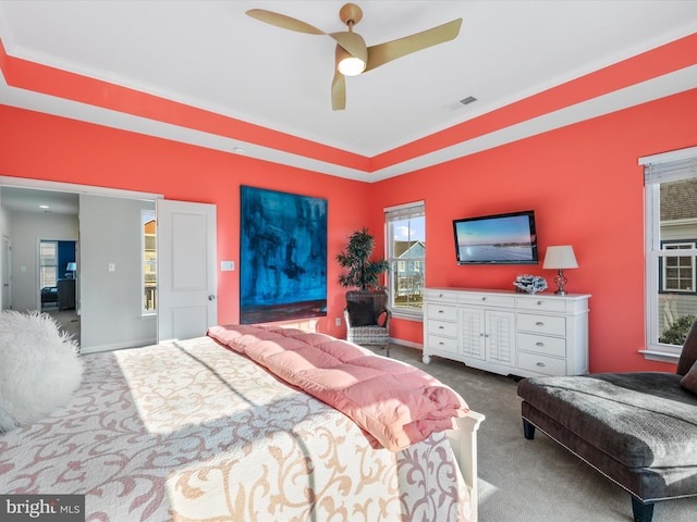 bedroom featuring ceiling fan and carpet floors