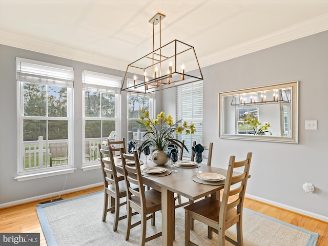 dining room featuring a wealth of natural light, ornamental molding, and hardwood / wood-style flooring