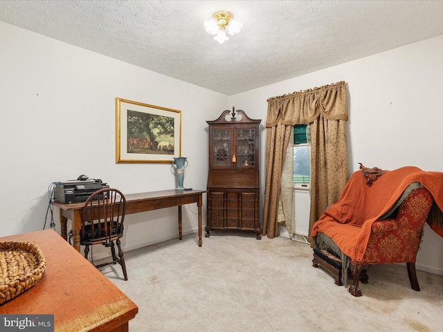 living area featuring light carpet and a textured ceiling