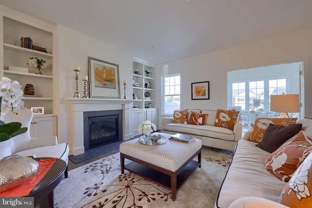 living room featuring built in shelves and plenty of natural light