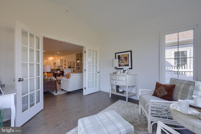 living room featuring french doors, lofted ceiling, and dark hardwood / wood-style flooring