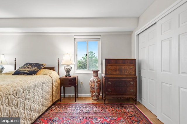 bedroom featuring wood-type flooring and a closet