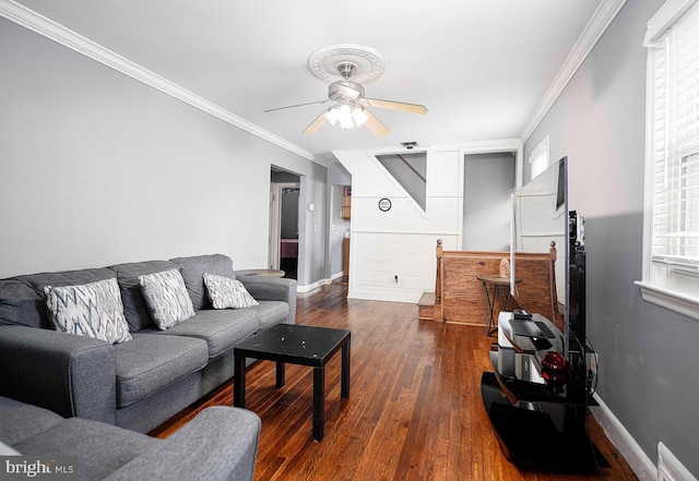 living room featuring dark hardwood / wood-style floors, ceiling fan, and crown molding