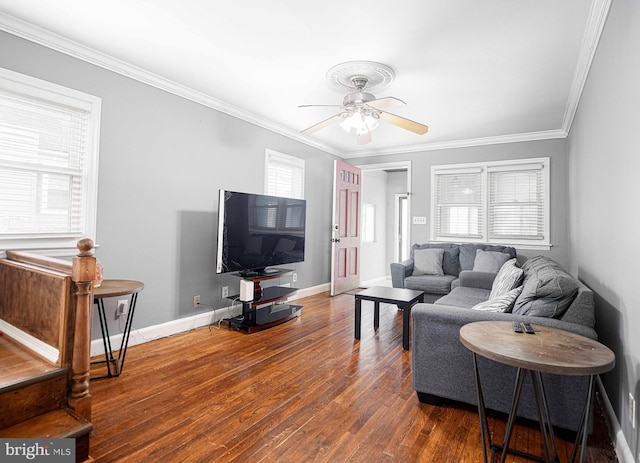 living room featuring ceiling fan, plenty of natural light, dark wood-type flooring, and ornamental molding