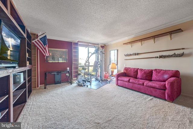 carpeted living room with ornamental molding and a textured ceiling