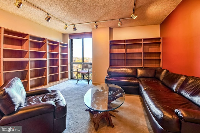 carpeted living room with a textured ceiling