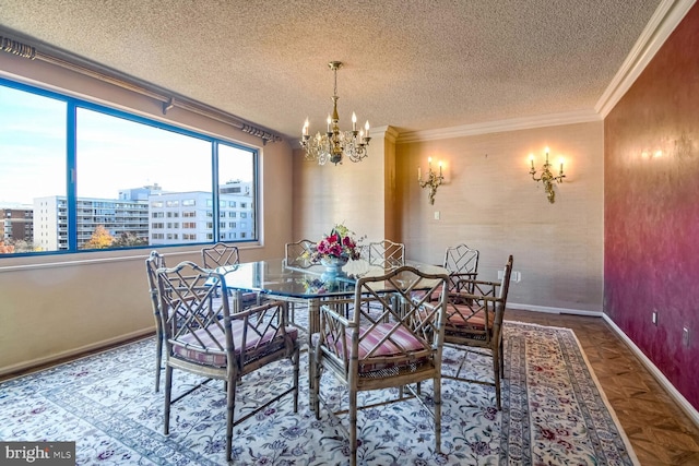 dining area with crown molding, a textured ceiling, and a notable chandelier