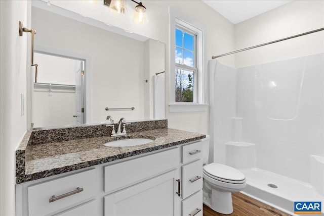 bathroom featuring toilet, vanity, wood-type flooring, and a shower