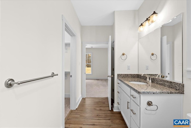 bathroom with vanity and wood-type flooring