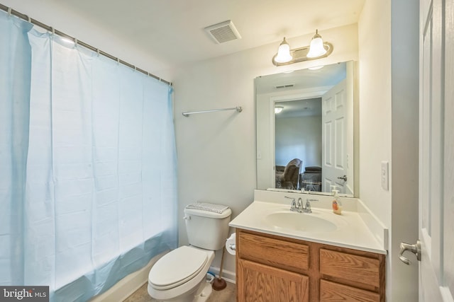 full bathroom with vanity, toilet, and shower / bath combination with curtain