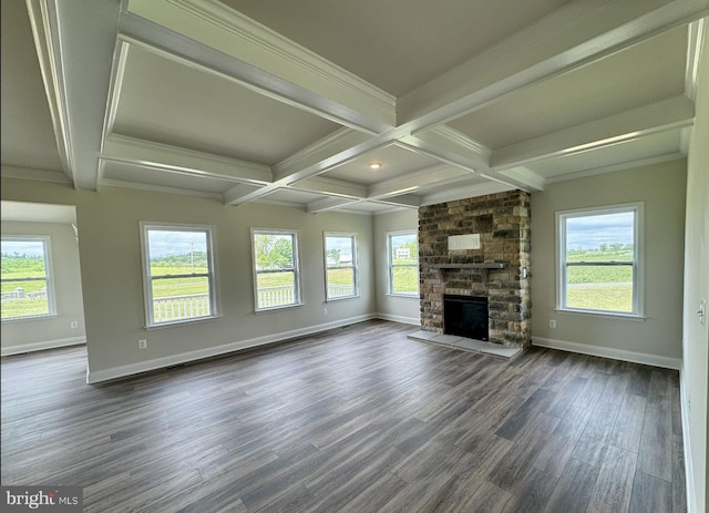 unfurnished living room with a stone fireplace, dark wood-type flooring, and plenty of natural light