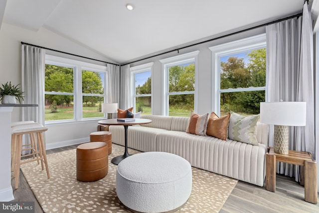 living room featuring light hardwood / wood-style floors and vaulted ceiling