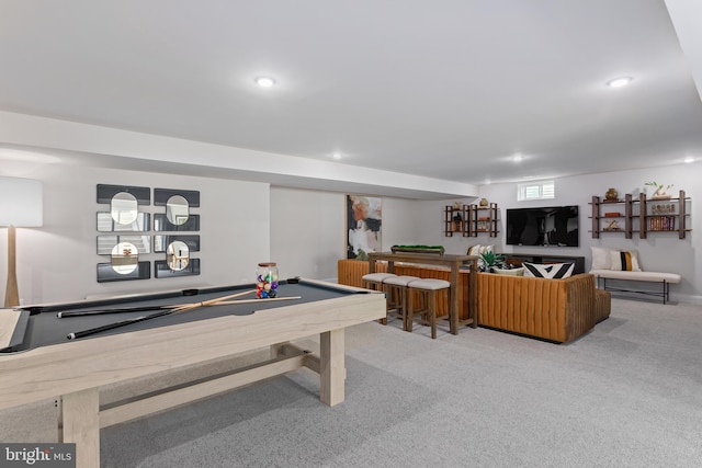 playroom with light carpet and billiards