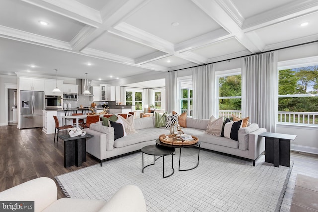 living room with wood-type flooring, beamed ceiling, and coffered ceiling