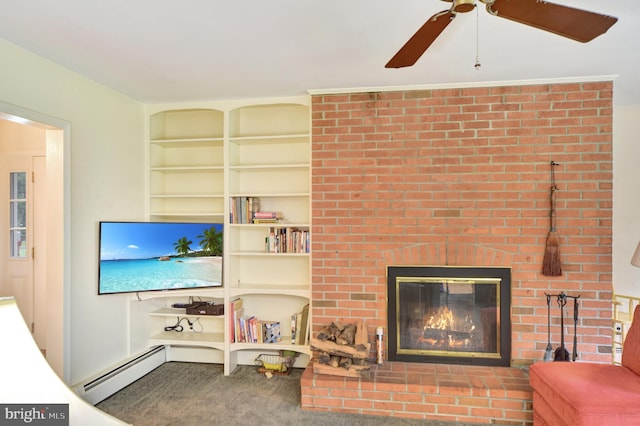 living area featuring a baseboard heating unit, a ceiling fan, a fireplace, and carpet flooring