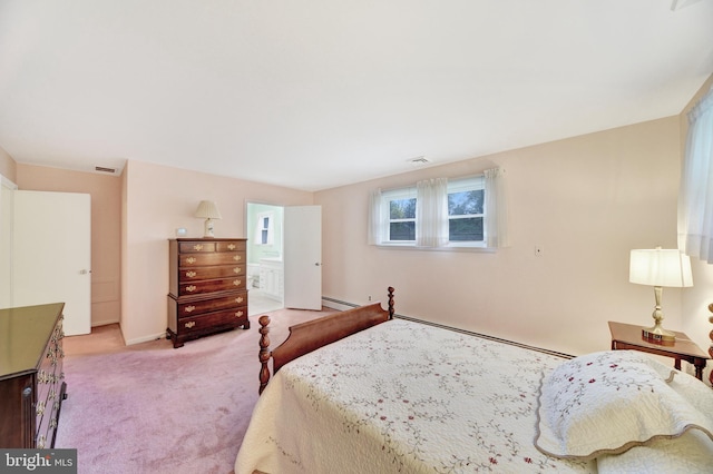 bedroom featuring a baseboard radiator, light carpet, baseboards, and ensuite bath