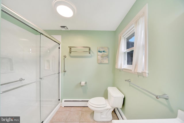 bathroom featuring a baseboard radiator, a shower stall, baseboards, toilet, and tile patterned flooring