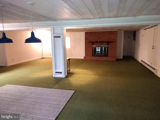 below grade area featuring a baseboard radiator, carpet, a brick fireplace, baseboards, and wooden ceiling