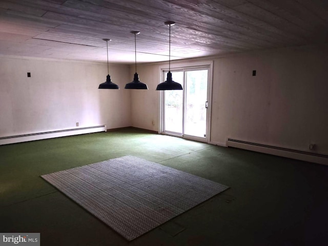 unfurnished dining area with a baseboard heating unit, carpet, and wooden ceiling
