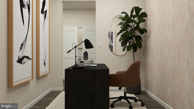 office featuring wood walls and dark wood-type flooring