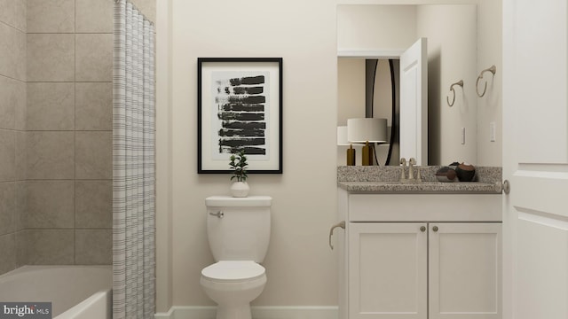 full bathroom with vanity, toilet, and shower / tub combo with curtain