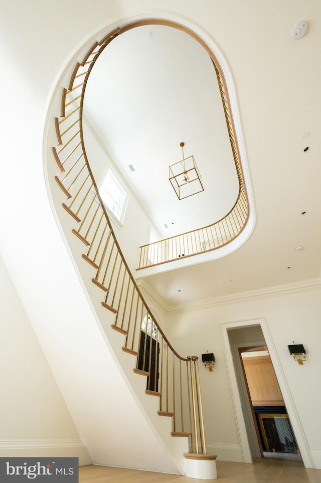 staircase featuring crown molding and a high ceiling