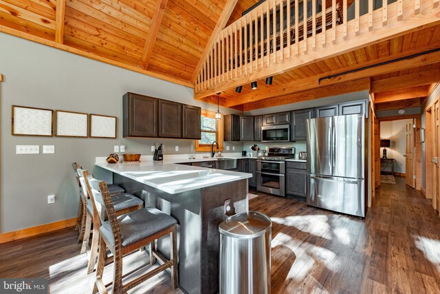 kitchen with wood ceiling, hanging light fixtures, kitchen peninsula, stainless steel appliances, and dark hardwood / wood-style flooring