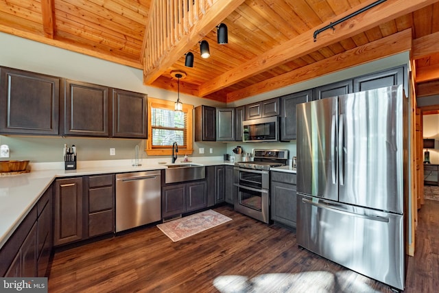 kitchen featuring appliances with stainless steel finishes, hanging light fixtures, dark wood-type flooring, beam ceiling, and sink