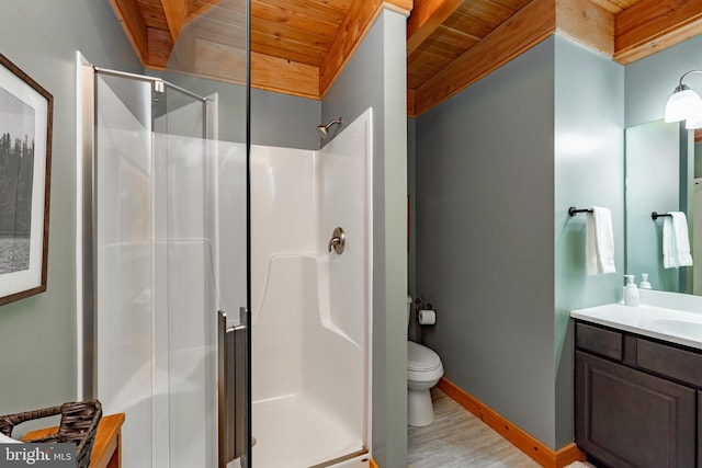 bathroom with wood ceiling, a shower with door, toilet, and vanity