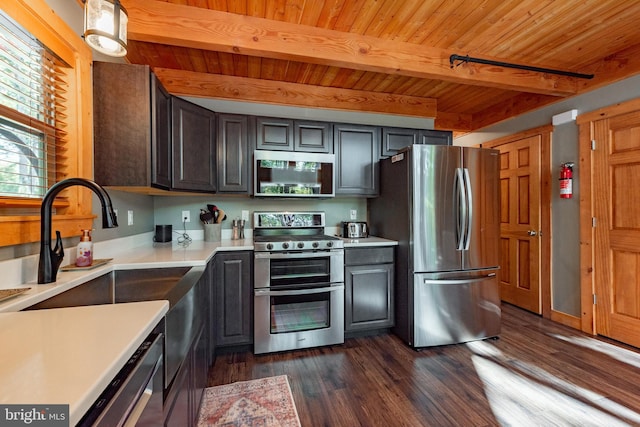 kitchen with wooden ceiling, dark hardwood / wood-style flooring, beamed ceiling, and stainless steel appliances