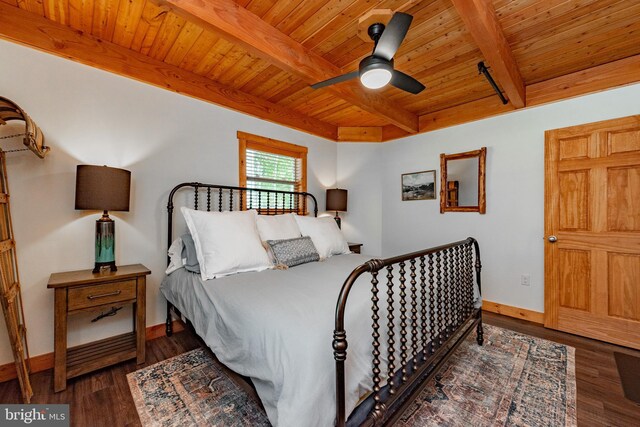 bedroom featuring wooden ceiling, beam ceiling, dark hardwood / wood-style floors, and ceiling fan