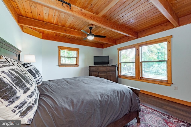 bedroom with wood ceiling, multiple windows, beamed ceiling, and hardwood / wood-style floors