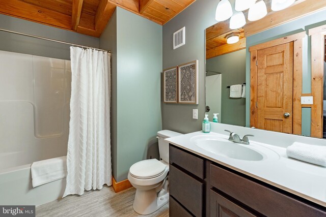 full bathroom with shower / bathtub combination with curtain, vanity, wooden ceiling, toilet, and hardwood / wood-style floors