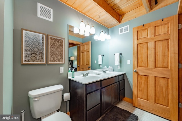 bathroom featuring beamed ceiling, vanity, wood ceiling, toilet, and hardwood / wood-style floors