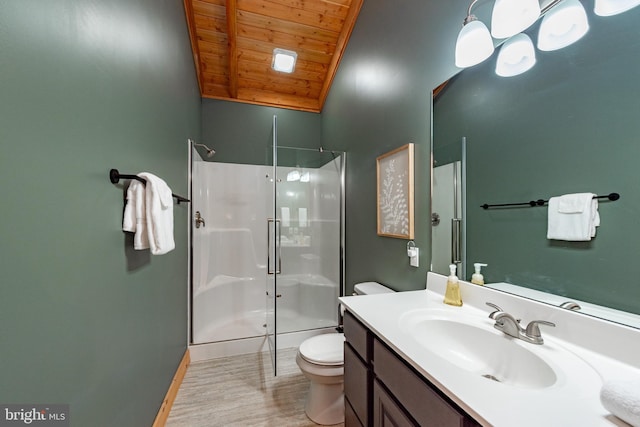 bathroom with a shower with door, hardwood / wood-style floors, wooden ceiling, vanity, and toilet