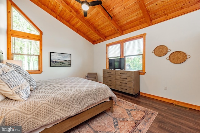 bedroom with wood ceiling, dark wood-type flooring, multiple windows, and ceiling fan