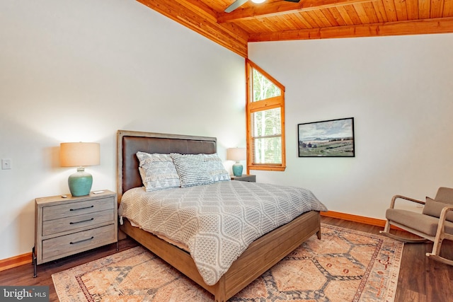 bedroom featuring wood-type flooring, wood ceiling, lofted ceiling with beams, and ceiling fan