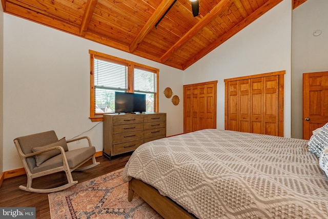 bedroom with wood ceiling, hardwood / wood-style flooring, beam ceiling, high vaulted ceiling, and two closets