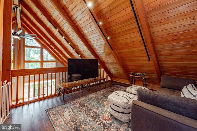 sitting room with wooden ceiling, vaulted ceiling with beams, ceiling fan, and hardwood / wood-style flooring