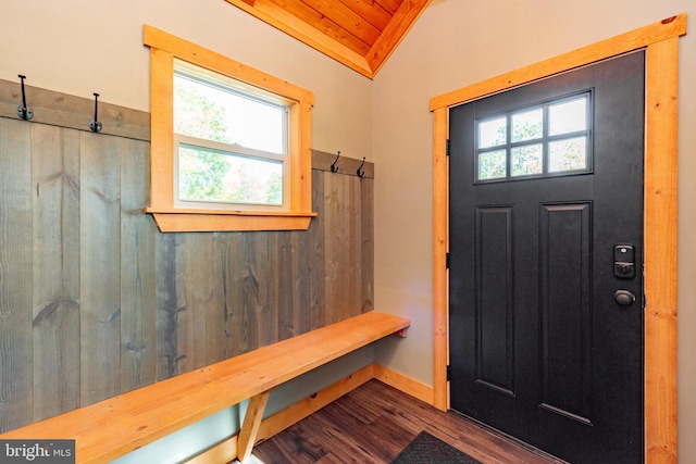 mudroom featuring lofted ceiling, plenty of natural light, hardwood / wood-style floors, and wooden ceiling