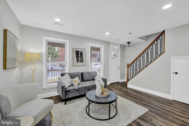 living room with dark hardwood / wood-style floors