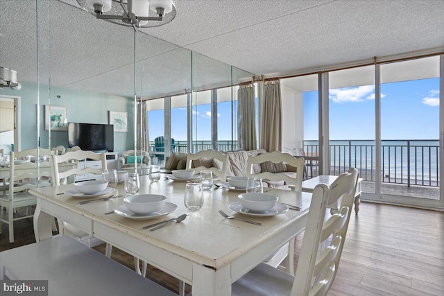 dining space featuring a wealth of natural light, a water view, a textured ceiling, and light wood-type flooring